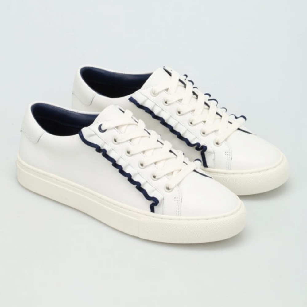 Tory Burch Sport Ruffle-Trim White Leather Low Top Lace Up Tennis Sneaker Sz 6.5